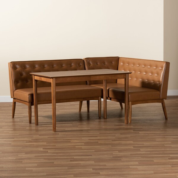 Baxton Studio Riordan Mid-Century Modern Tan Faux Leather and Walnut Brown Finished Wood 3-Piece Dining Nook Set - 186-11361-9305-ZORO