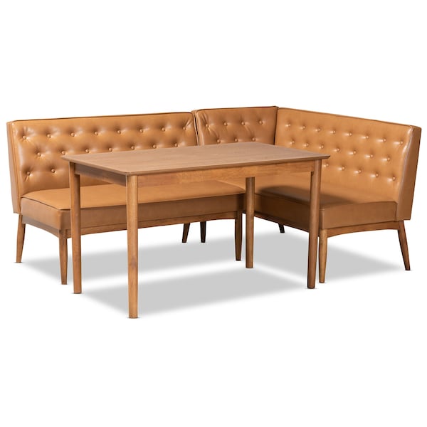 Baxton Studio Riordan Mid-Century Modern Tan Faux Leather and Walnut Brown Finished Wood 3-Piece Dining Nook Set - 186-11361-9305-ZORO