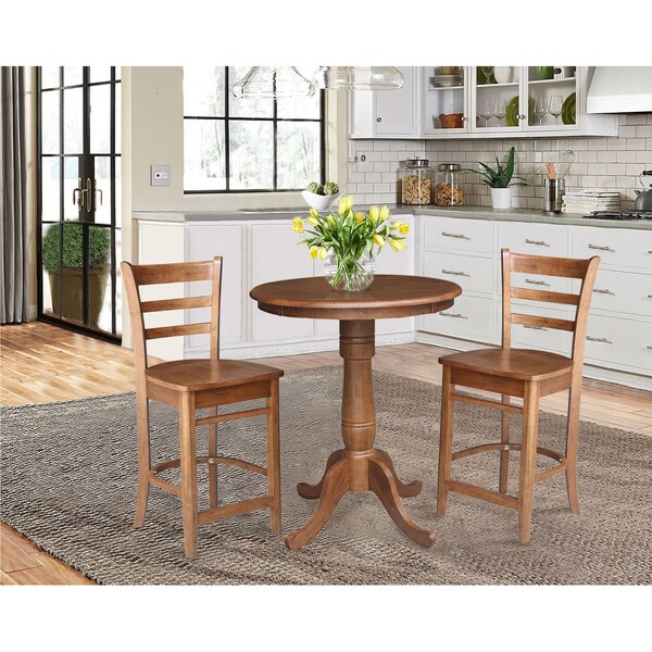 International Concepts Round 30 in Rd Top Pedestal Table, 2 Emily Counter Ht Stools, Distressed Oak, 30 in W, 30 in L, Wood - K42-30RT-6B-S6172-2