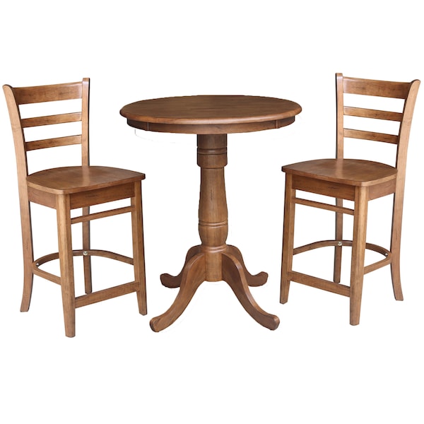 International Concepts Round 30 in Rd Top Pedestal Table, 2 Emily Counter Ht Stools, Distressed Oak, 30 in W, 30 in L, Wood - K42-30RT-6B-S6172-2