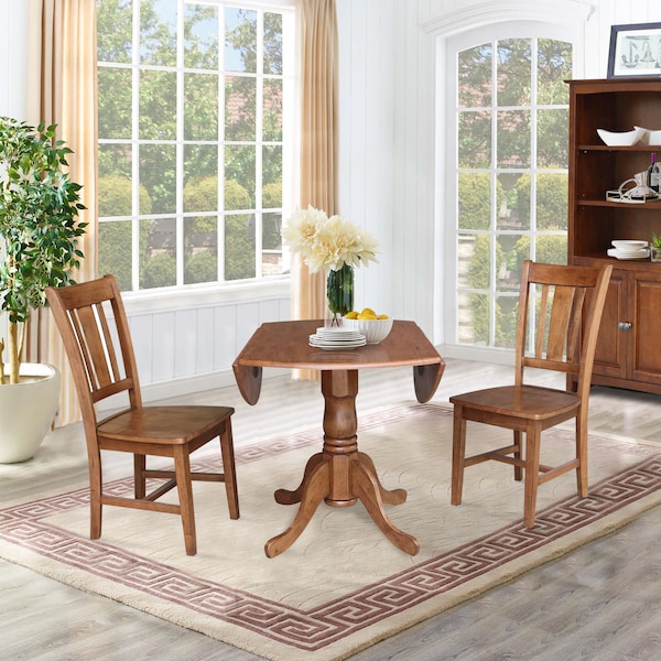 International Concepts Round 42 in Dual Drop Leaf Table, 2 San Remo Side Chairs, Distressed Oak, 42 in W, 42 in L, 29.5 in H - K42-42DP-C10P