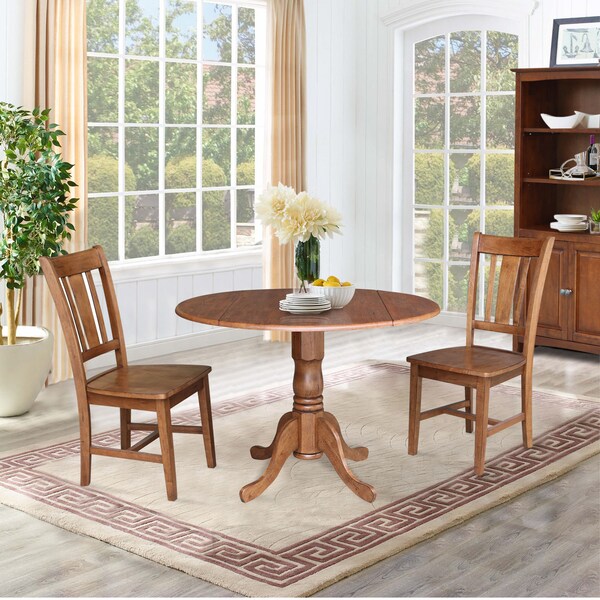 International Concepts Round 42 in Dual Drop Leaf Table, 2 San Remo Side Chairs, Distressed Oak, 42 in W, 42 in L, 29.5 in H - K42-42DP-C10P