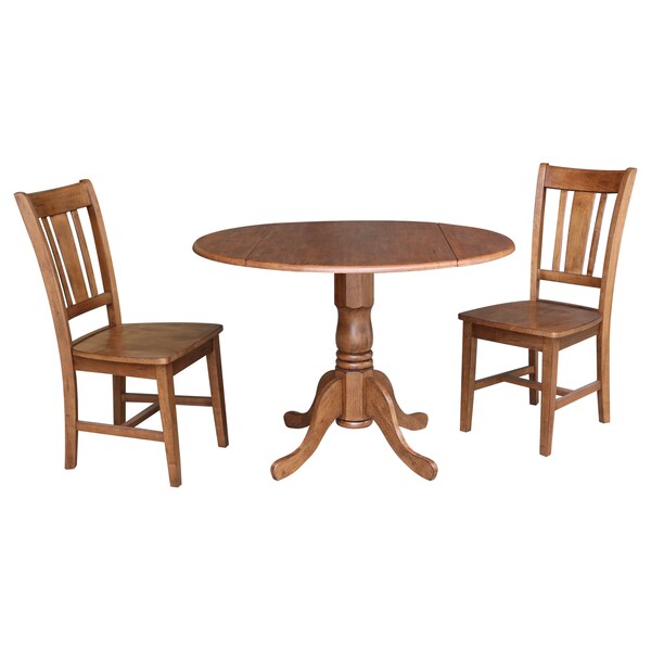 International Concepts Round 42 in Dual Drop Leaf Table, 2 San Remo Side Chairs, Distressed Oak, 42 in W, 42 in L, 29.5 in H - K42-42DP-C10P