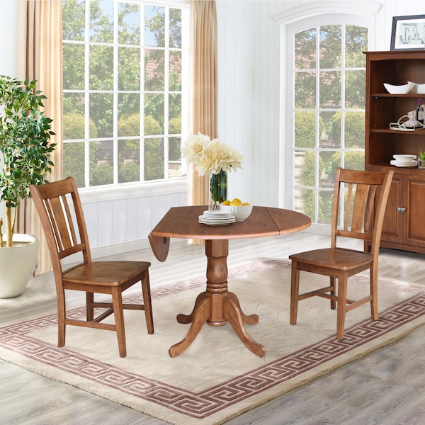 International Concepts Round 42 in Dual Drop Leaf Table, 2 San Remo Side Chairs, Distressed Oak, 42 in W, 42 in L, 29.5 in H - K42-42DP-C10P