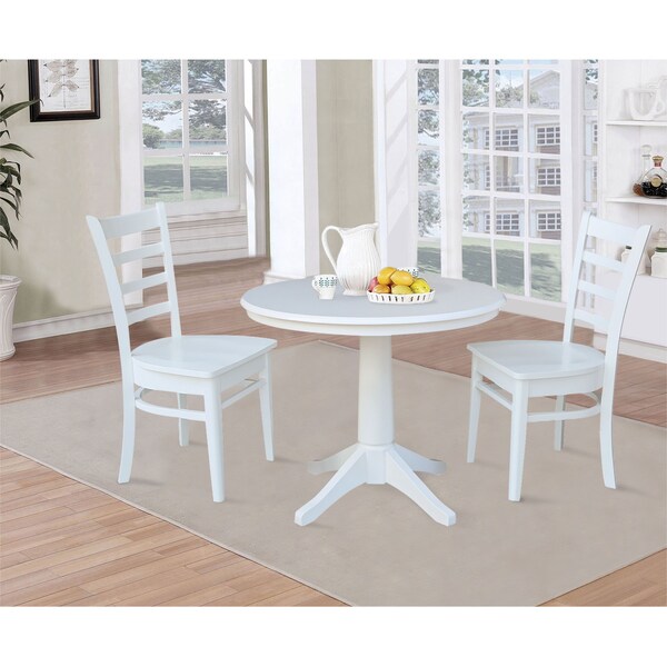 International Concepts Round 36 in Round Top Pedestal Table, with 2 Emily Chairs, White, 36 in W, 36 in L, 28.9 in H, Wood - K08-36RT-27B-C617-2