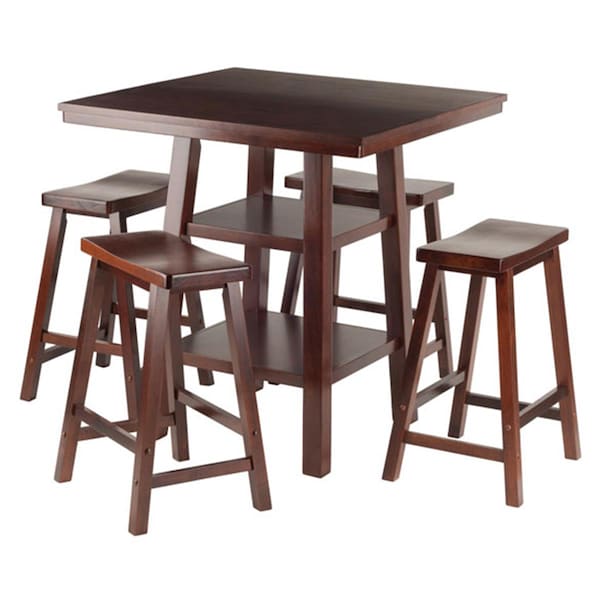 Doba-Bnt 5 Piece Orlando High Table 2 Shelves with 4 Saddle Seat Stools Set, Walnut - SA143839