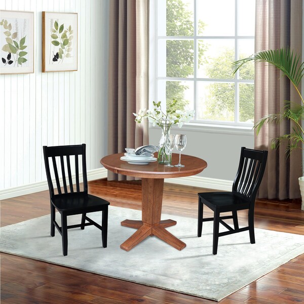 International Concepts 36 in. Solid Wood Round Extension Dining Table with 2 Chairs in Distressed Oak/Black - K42-36RXT-23-C46-612