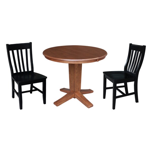 International Concepts 36 in. Solid Wood Round Extension Dining Table with 2 Chairs in Distressed Oak/Black - K42-36RXT-23-C46-612