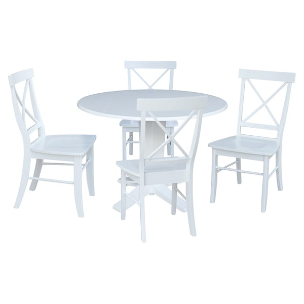 International Concepts 42 in. Solid Wood Dual Drop Leaf Dining Table with 4 Chairs in White - K08-42DPT-23B-C613-4