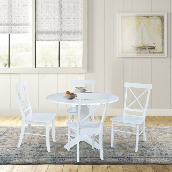 International Concepts 42 in. Solid Wood Dual Drop Leaf Dining Table with 4 Chairs in White - K08-42DPT-23B-C613-4