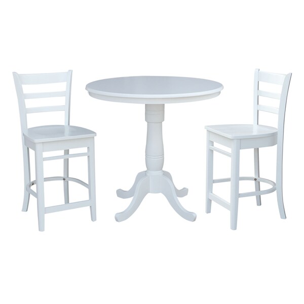 International Concepts Round 36 in Rd Pedestal Gathering Ht Table, 2 X-Back Counter Ht Stools, White, 36 in W, 36 in L, Wood - K08-36RT-6B-17