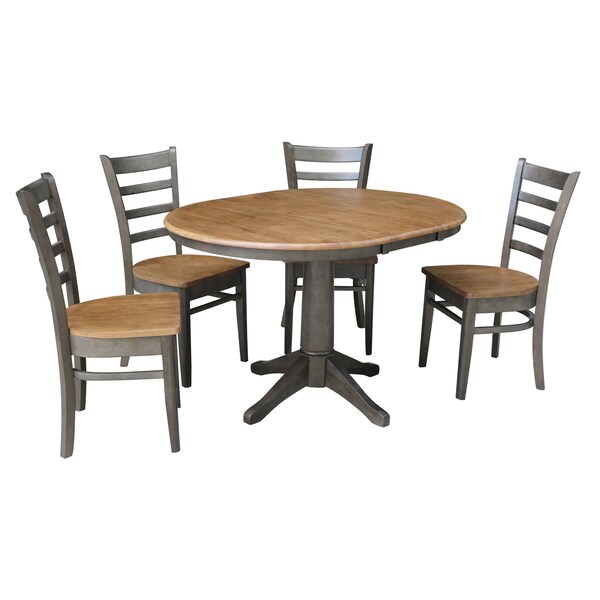 International Concepts Round 36 in Rd Extension Dining table, 4 RTA chairs, Hickory/Washed Coal, 36 in W, 48 in L, 30.1 in H - K45-36RXT-27B-C617-4