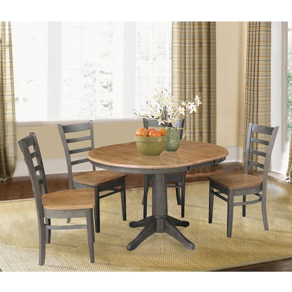 International Concepts Round 36 in Rd Extension Dining table, 4 RTA chairs, Hickory/Washed Coal, 36 in W, 48 in L, 30.1 in H - K45-36RXT-27B-C617-4