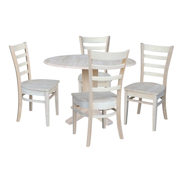 International Concepts 42 in. Solid Wood Round Drop Leaf Pedestal Table with 4 Dining Chairs, Unfinished - K-42DPT-23B-C617-4