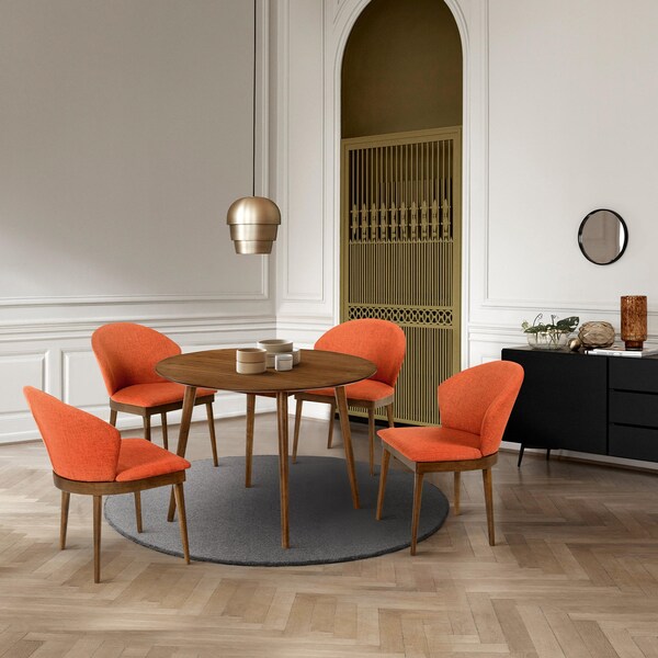 Armen Living Arcadia and Juno 42" Round Orange and Walnut Wood 5 Piece Dining Set - SETARDI5JNWAOR42