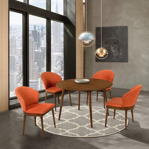 Armen Living Arcadia and Juno 48" Round Orange and Walnut Wood 5 Piece Dining Set - SETARDI5JNWAOR48