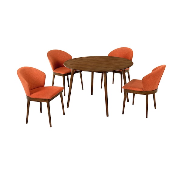Armen Living Arcadia and Juno 48" Round Orange and Walnut Wood 5 Piece Dining Set - SETARDI5JNWAOR48
