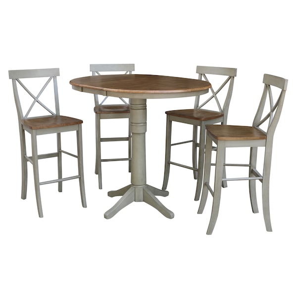 International Concepts Round 36 in Rd Extension Dining Table, 4 X-back Bar Height Stools, Hickory/Stone, 36 in W, 48 in L - K41-36RXT-27B-S6133-4
