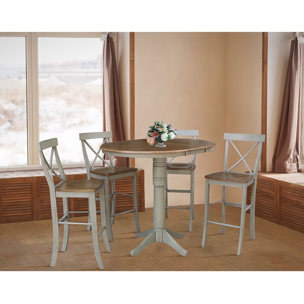 International Concepts Round 36 in Rd Extension Dining Table, 4 X-back Bar Height Stools, Hickory/Stone, 36 in W, 48 in L - K41-36RXT-27B-S6133-4