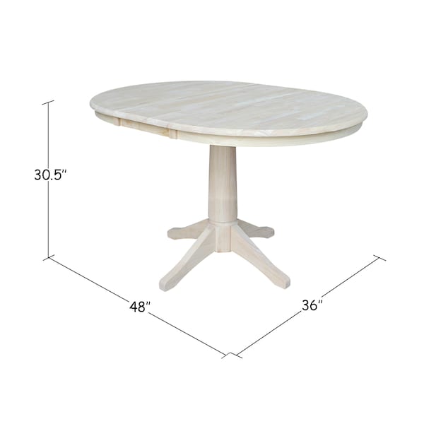 International Concepts Round 36 in Rd Top Pedestal Table, 12 in Leaf, 28.9 inH, Dining Height, Unfinished, 36 in W, Wood - K-36RXT-27B