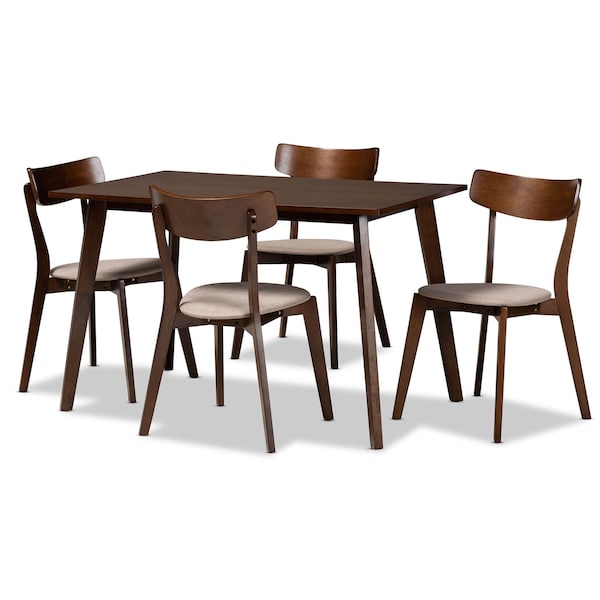 Baxton Studio Nori Light Beige Upholstered and Walnut Wood 5-Piece Dining Set - 168-10813-10807