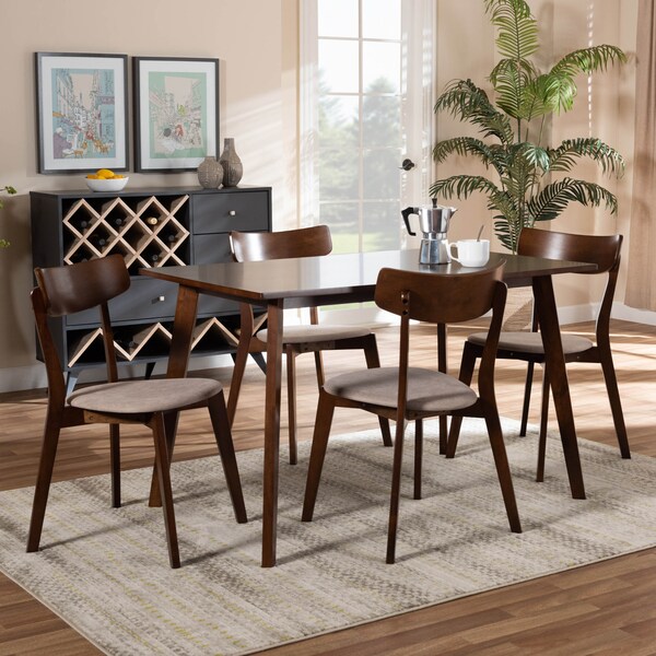 Baxton Studio Nori Light Beige Upholstered and Walnut Wood 5-Piece Dining Set - 168-10813-10807