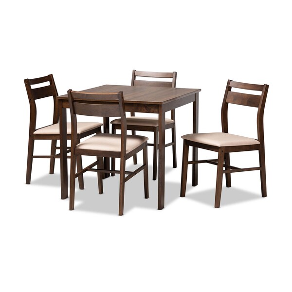 Baxton Studio Lovy Beige Upholstered Dark Walnut-Finished 5-Piece Wood Dining Set - 155-9580