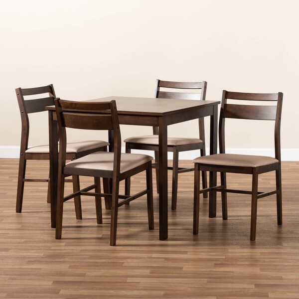 Baxton Studio Lovy Beige Upholstered Dark Walnut-Finished 5-Piece Wood Dining Set - 155-9580