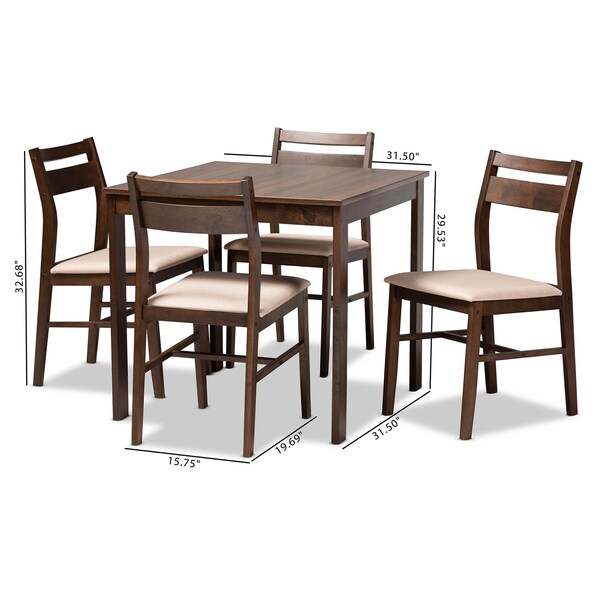 Baxton Studio Lovy Beige Upholstered Dark Walnut-Finished 5-Piece Wood Dining Set - 155-9580