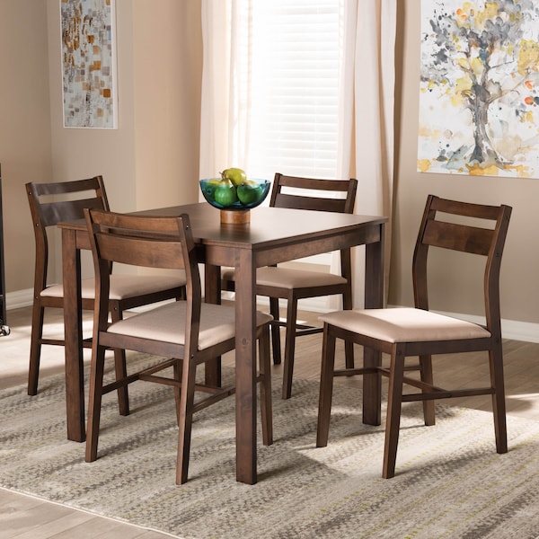 Baxton Studio Lovy Beige Upholstered Dark Walnut-Finished 5-Piece Wood Dining Set - 155-9580