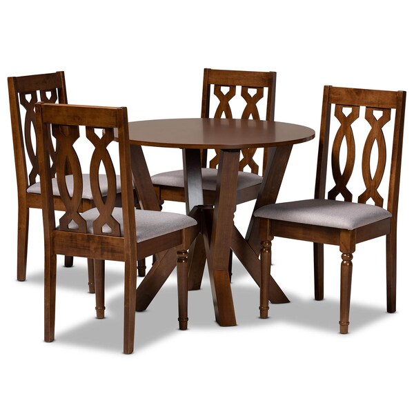 Baxton Studio Elaine Grey Upholstered and Walnut Wood 5-Piece Dining Set - 172-9878-10899