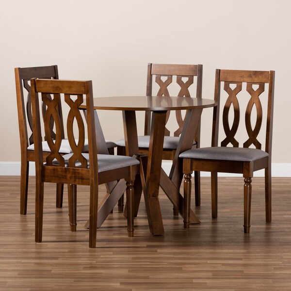 Baxton Studio Elaine Grey Upholstered and Walnut Wood 5-Piece Dining Set - 172-9878-10899