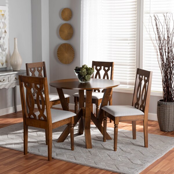 Baxton Studio Elaine Grey Upholstered and Walnut Wood 5-Piece Dining Set - 172-9878-10899