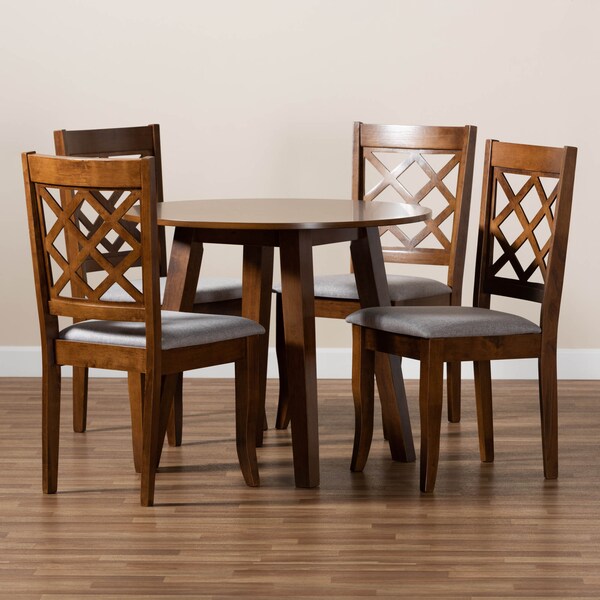 Baxton Studio Adara Grey Upholstered and Walnut Wood 5-Piece Dining Set - 173-9874-10895