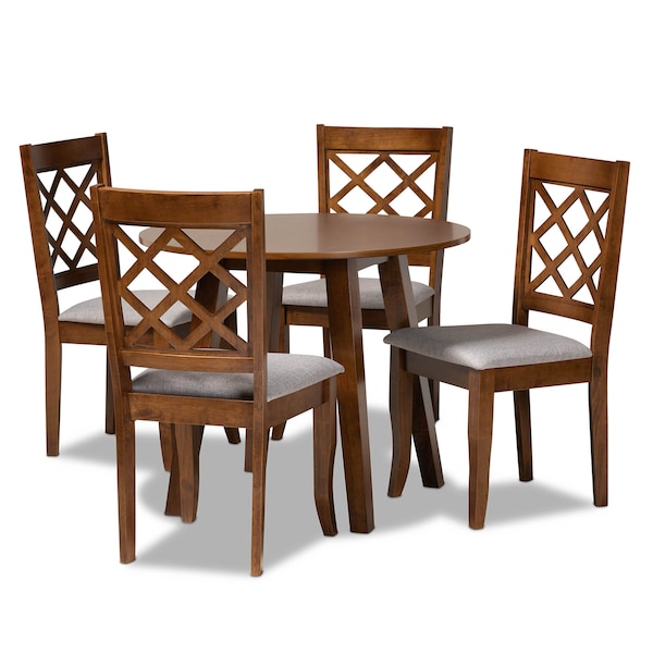 Baxton Studio Adara Grey Upholstered and Walnut Wood 5-Piece Dining Set - 173-9874-10895