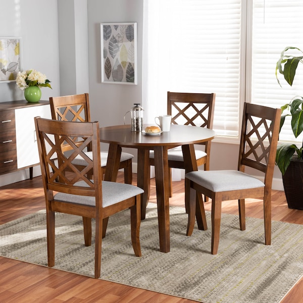 Baxton Studio Adara Grey Upholstered and Walnut Wood 5-Piece Dining Set - 173-9874-10895
