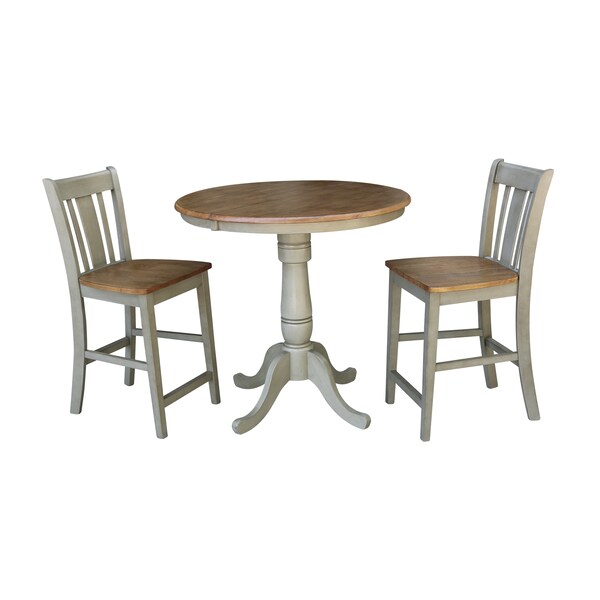 International Concepts Round 36 in Rd Extend Dining Table, 2 San Remo Counter Ht Stools, Hickory/Stone, 36 in W, 48 in L - K41-36RXT-6B-S102-2
