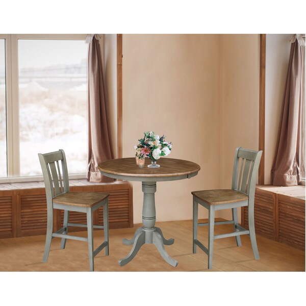 International Concepts Round 36 in Rd Extend Dining Table, 2 San Remo Counter Ht Stools, Hickory/Stone, 36 in W, 48 in L - K41-36RXT-6B-S102-2