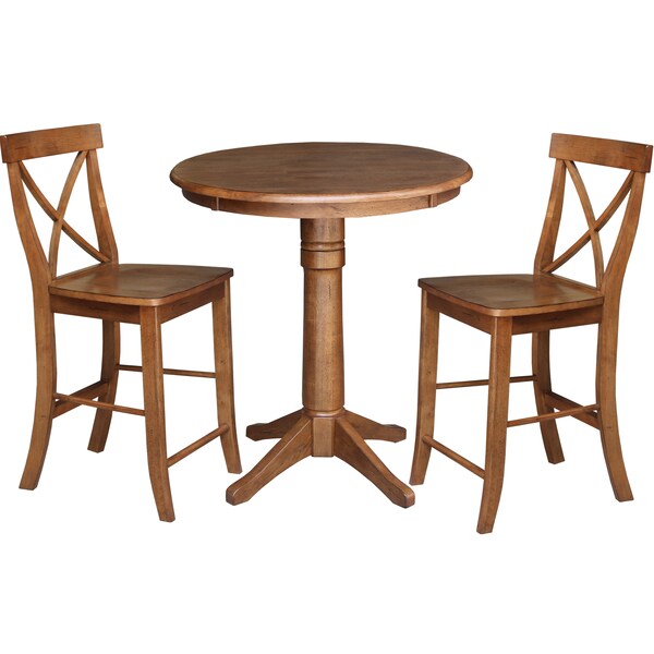 International Concepts Round 30 in Rd Ped Gathering Ht Table, 2 X-Back Stools, Distressed Oak, 30 in W, 30 in L, 35.9 in H - K42-30RT-27B-S6132-2