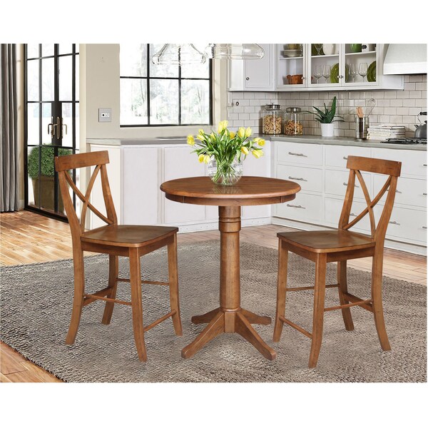 International Concepts Round 30 in Rd Ped Gathering Ht Table, 2 X-Back Stools, Distressed Oak, 30 in W, 30 in L, 35.9 in H - K42-30RT-27B-S6132-2