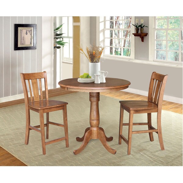 International Concepts Round 36 in Rd Extension Dining Table, 2 San Remo Stools, Distressed Oak, 36 in W, 48 in L, Wood - K42-36RXT-6B-S102-2