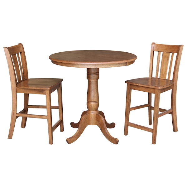International Concepts Round 36 in Rd Extension Dining Table, 2 San Remo Stools, Distressed Oak, 36 in W, 48 in L, Wood - K42-36RXT-6B-S102-2