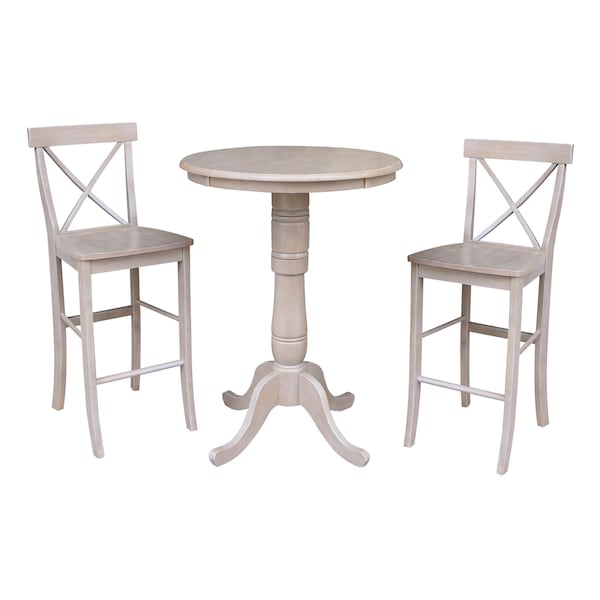International Concepts Round 30 in Rd Pedestal Bar Ht Table, 2 X-Back Bar Ht Stools, Washed Gray Taupe, 30 in W, 30 in L - K09-30RT-6B-2-S6133-2