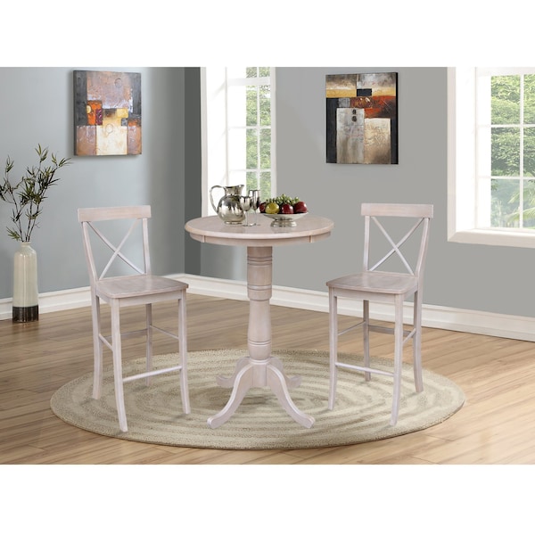 International Concepts Round 30 in Rd Pedestal Bar Ht Table, 2 X-Back Bar Ht Stools, Washed Gray Taupe, 30 in W, 30 in L - K09-30RT-6B-2-S6133-2