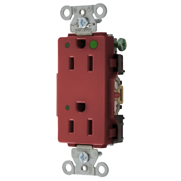 Hubbell Wiring Device-Kellems Straight Blade Devices, Decorator Duplex Receptacle, Hospital Grade, Hubbell-Pro, LED Indicator, 15A 125V, 2-Pole 3-Wire Grounding, 5-15R, Red - 2172REDL