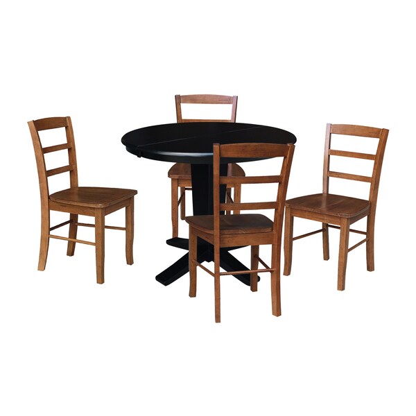 International Concepts 36 in. Solid Wood Round Extension Dining Table with 4 Chairs in Black/Distressed Oak - K46-36RXT-23-C42-2-4