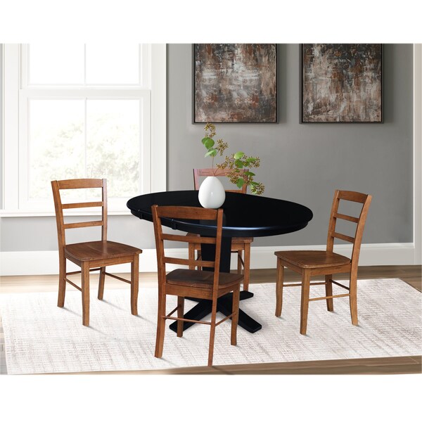 International Concepts 36 in. Solid Wood Round Extension Dining Table with 4 Chairs in Black/Distressed Oak - K46-36RXT-23-C42-2-4