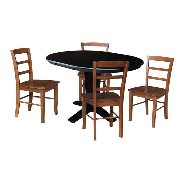 International Concepts 36 in. Solid Wood Round Extension Dining Table with 4 Chairs in Black/Distressed Oak - K46-36RXT-23-C42-2-4