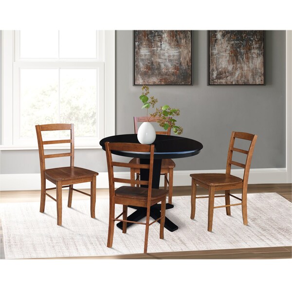 International Concepts 36 in. Solid Wood Round Extension Dining Table with 4 Chairs in Black/Distressed Oak - K46-36RXT-23-C42-2-4