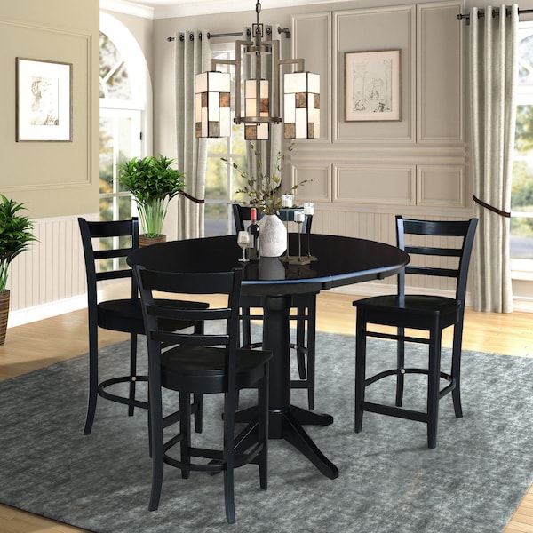 International Concepts 36 in. Round Extension Dining Table with 4 Emily Counter Height Stools - 5 Piece Set - K46-36RXT-27-S6172-4